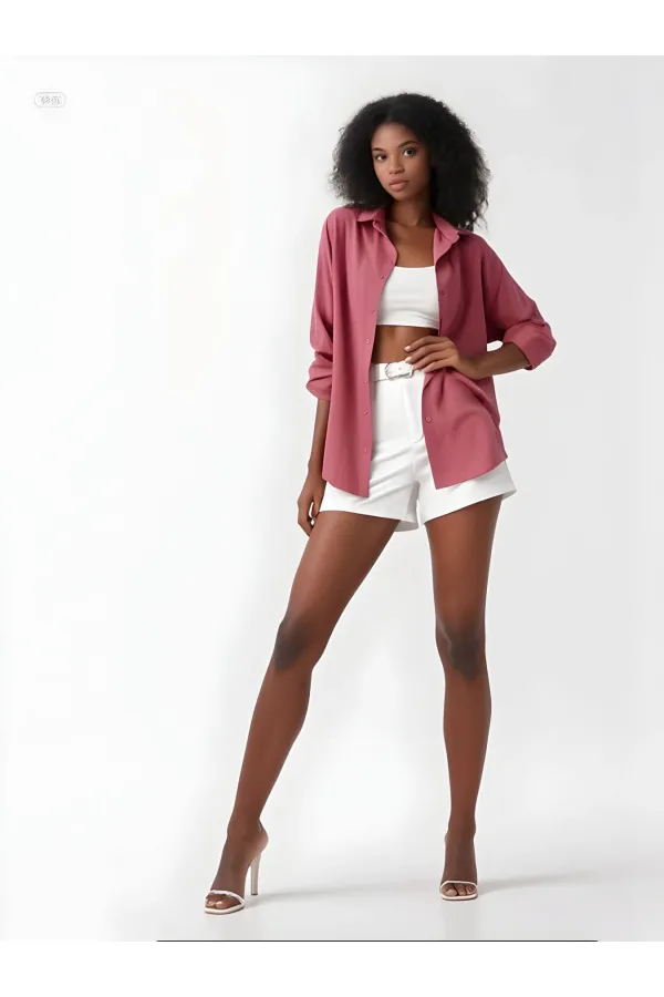 Kadın Koyu Gül Kurusu Oversize Uzun Basic Gömlek HZL22W-BD139001