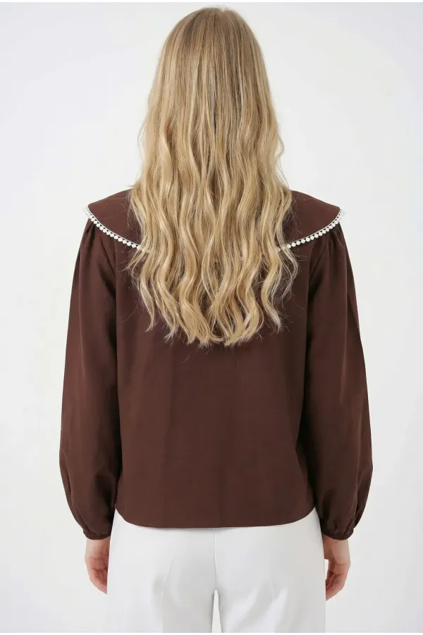 Women's Brown Baby Collar Buttoned Stylish Casual Shirt HZL26S-BD1203141