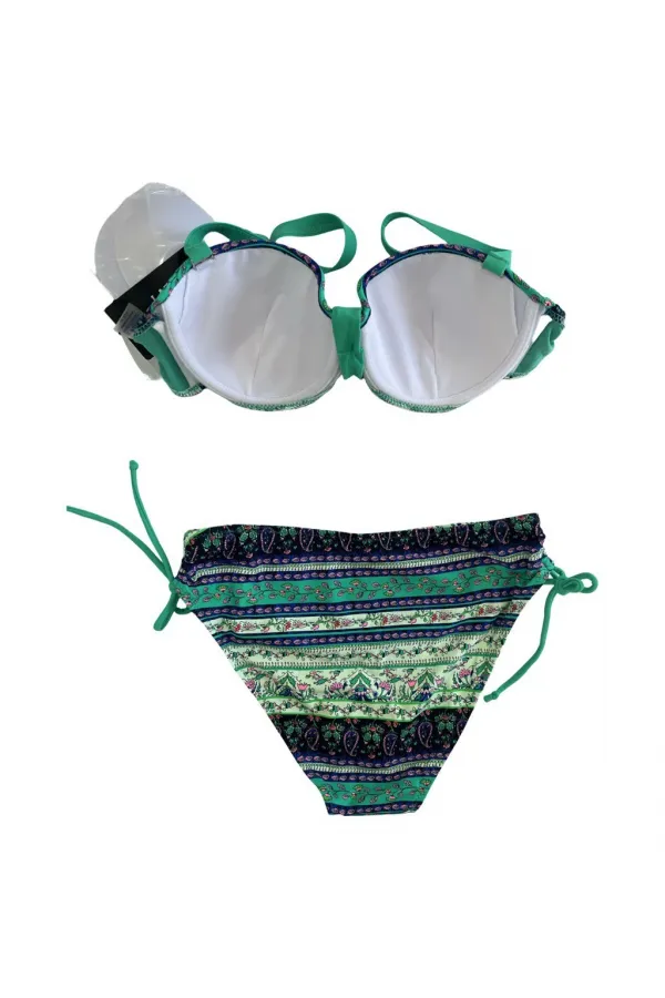Kadın Yeşil Taş İşlemeli Etnik Desenli Astarlı Bikini Takımı HZL25S-LC3305