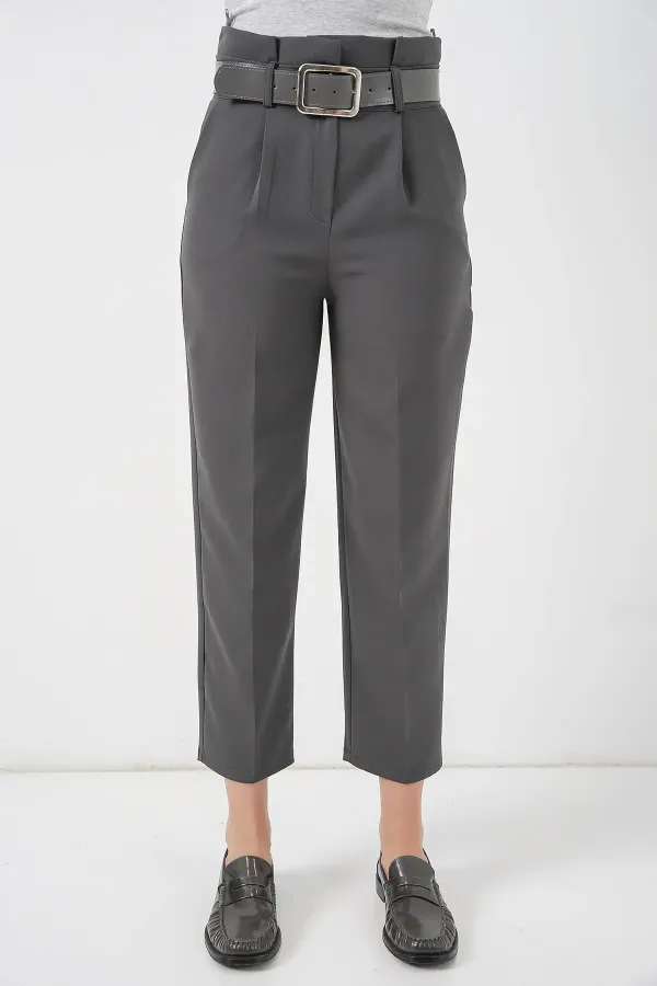 6556 Belted Fabric Trousers - Anthracite