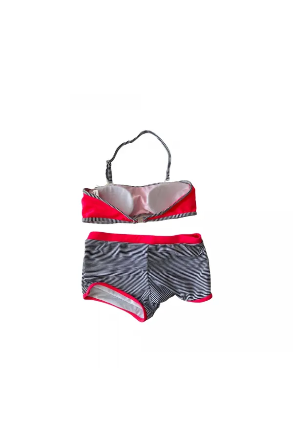 Girl Neon Pink Black Striped Shorts 4-12 Years Strapless Bikini Set HZL24S-LC9034