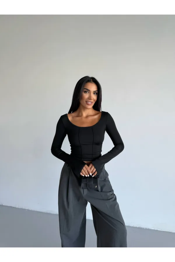 Kadın Siyah Uzun Kollu Arkası Bağlamalı Fit Kesim Crop Bluz HZL25W-FRY122771