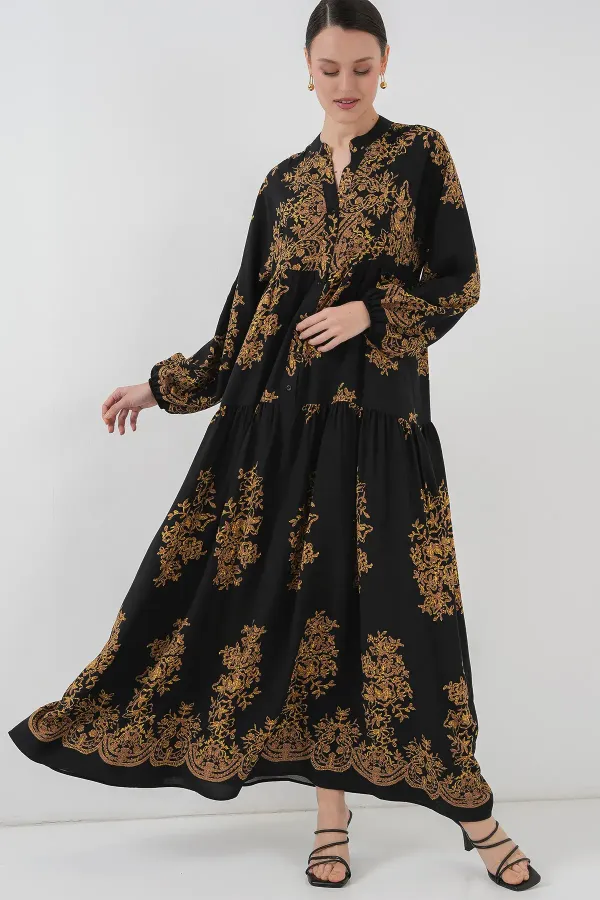 Black Gold Patterned Hijab Dress 2423