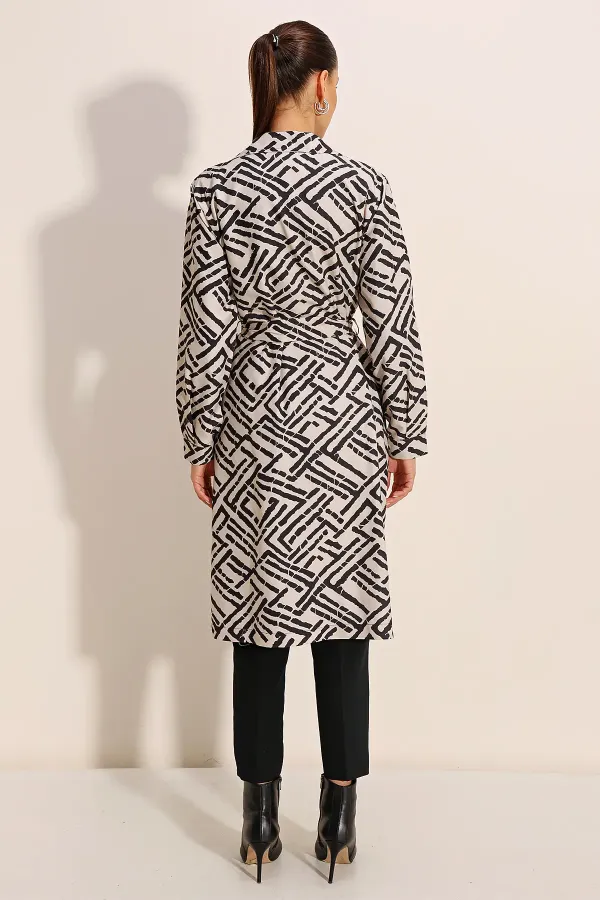 5853 Patterned Double-Breasted Trench Coat - Dark White