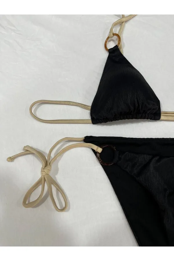Kadın Siyah Halka Detaylı İp Bağlamalı Astarlı Bikini Takım HZL25S-AR1617