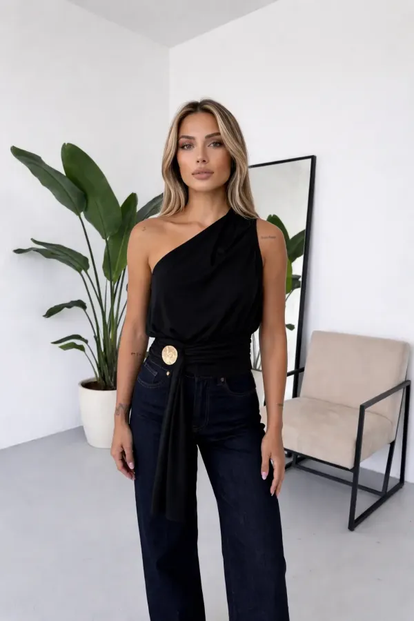 Women's Black Asymmetrical One-Shoulder Draped Blouse with Gold Accessory Details HZL26S-FRY123751