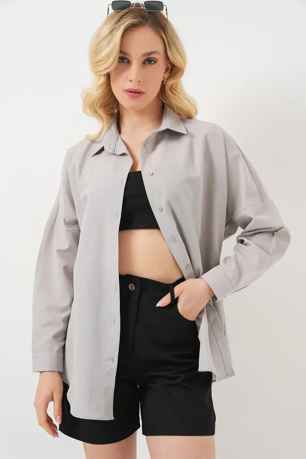 3900 Oversize Long Basic Shirt - Light Gray