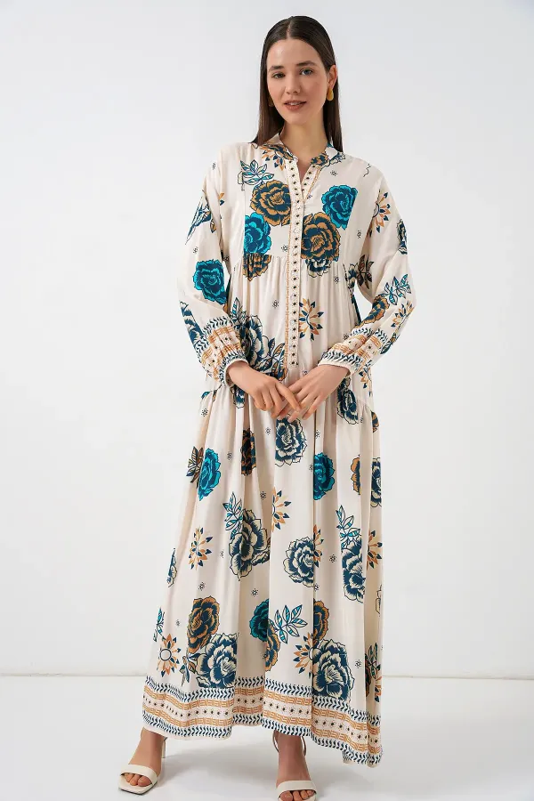 Kadın Desenli Uzun Tesettür Elbise 2585 - A.SAKS