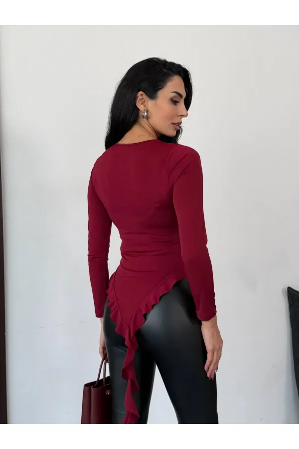 Kadın Bordo Fırfır Detaylı Uzun Kol Asimetrik Bluz HZL25W-FRY123621