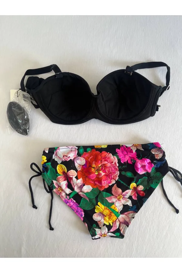 Women's Black Stone Embroidered Floral Patterned Bikini Set HZL25S-LC3368