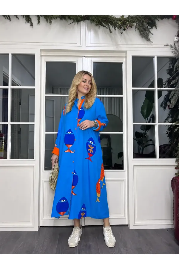 Women's Blue Plus Size Fish Pattern One Size Viscose Fabric Shirt Dress HZL26S-VL12551 Women's Blue Plus Size Fish Pattern One Size Viscose Fabric Shirt Dress HZL26S-VL12551