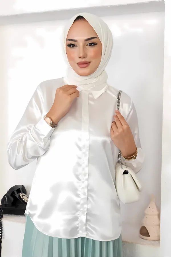 Kadın Beyaz Tesettür Küçük ve Büyük Bedenler Hafif Dökümlü Saten Yüzeyli Gömlek HZL25W-BD139641