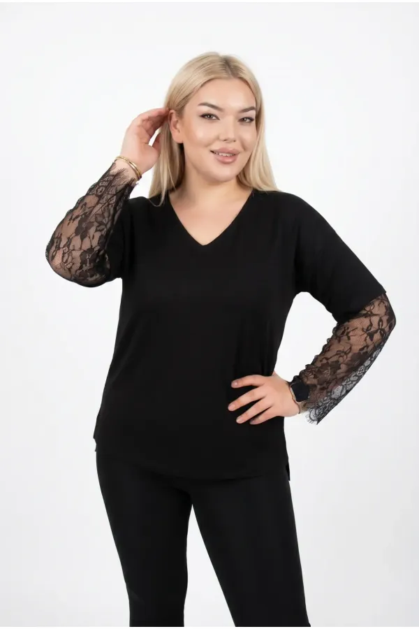 Women's Black Plus Size V-Neck Lace Sleeve Blouse HZL26S-ZSS19661