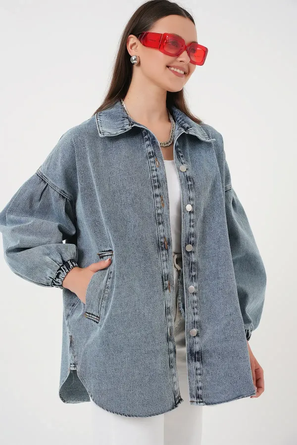 0662 Denim Balon Kollu Kot Ceket - Mavi