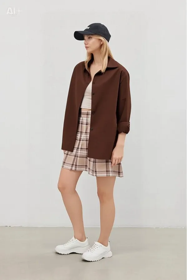 Kadın Çikolata Oversize Uzun Basic Gömlek Hzl22w-bd139001