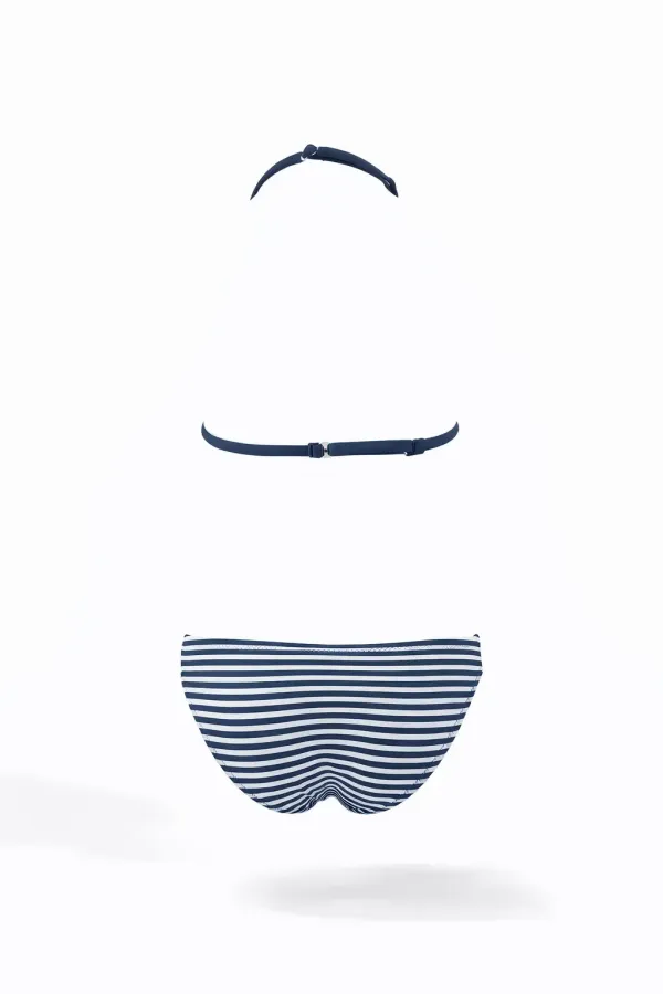 Kız Çocuk Lacivert Beyaz Çizgili Flamingo Desenli  4-12 Yaş Üçgen Bikini Takım HZL24S-LC171