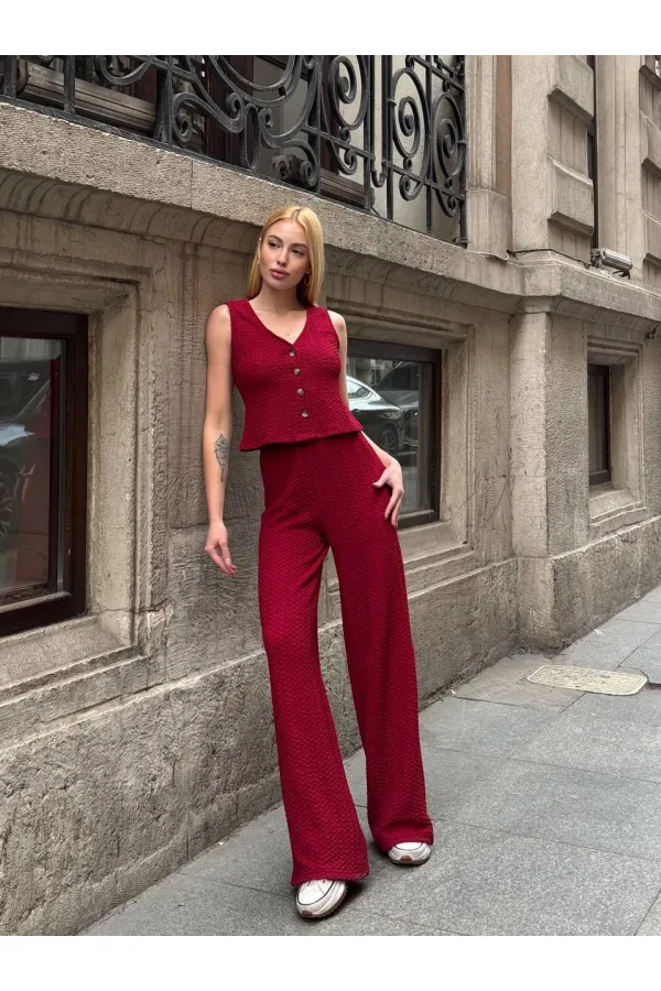 Kadın Bordo Beli Lastilkli Gofre Kumaş Pantolon HZL24S-ZK13261