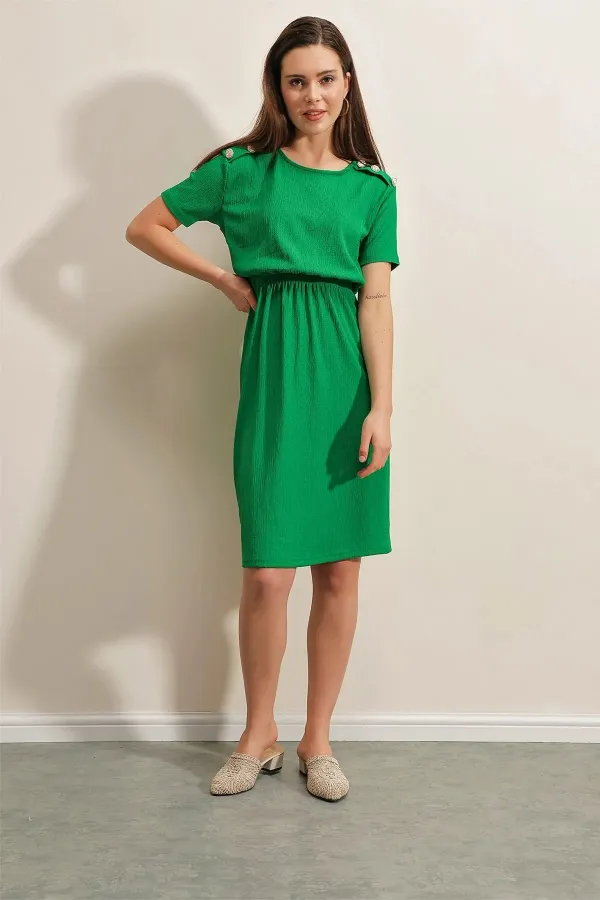 Women's Green Elastic Waist Button Detailed Casual Knitted Dress HZL22S-BD123751