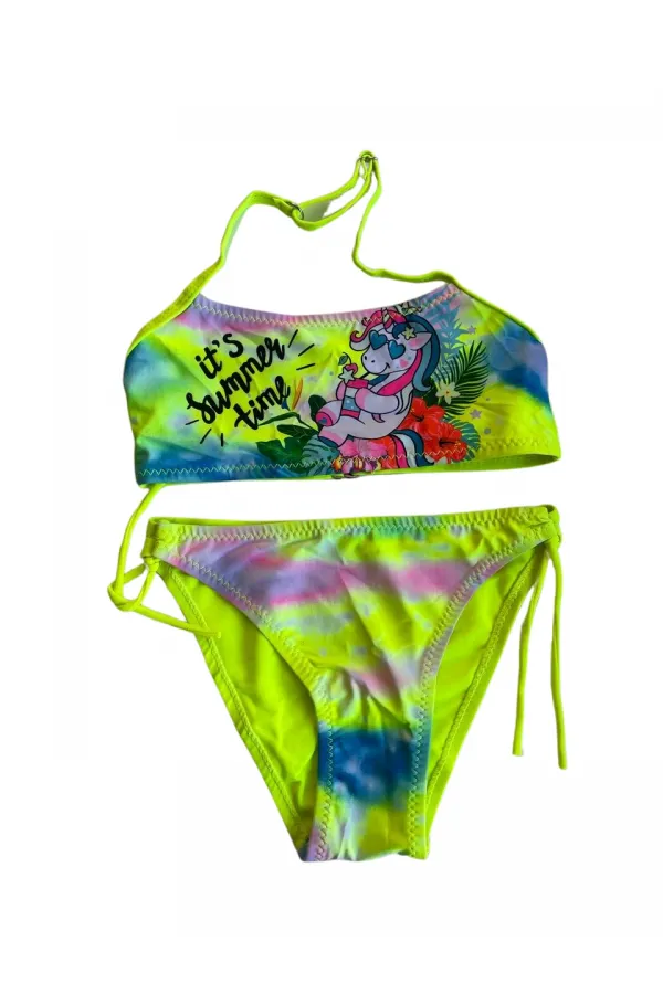 Kız Çocuk Neon Sarı Desenli  2-8 Yaş Straplez Bikini Takım HZL24S-LC3652
