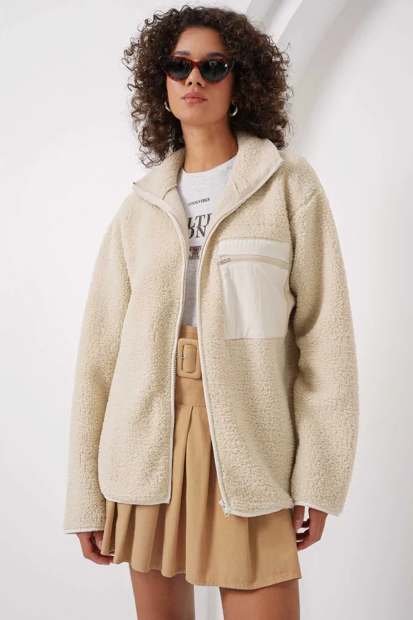 Sweat-shirt oversize en peluche à fermeture éclair et poches crème pour femme HZL25W-FRY1554461