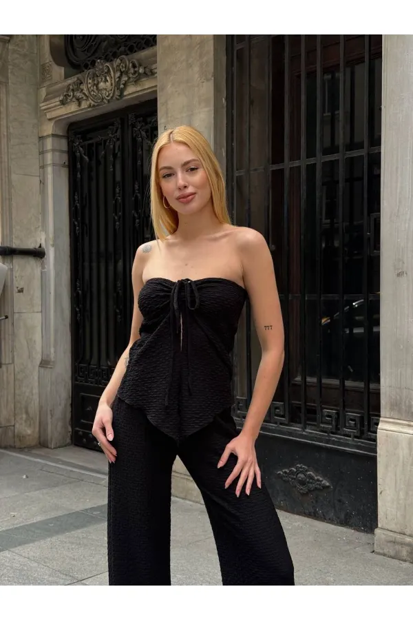 Kadın Siyah Boyundan Bağlamalı Staplez Bluz HZL25S-ZK13581