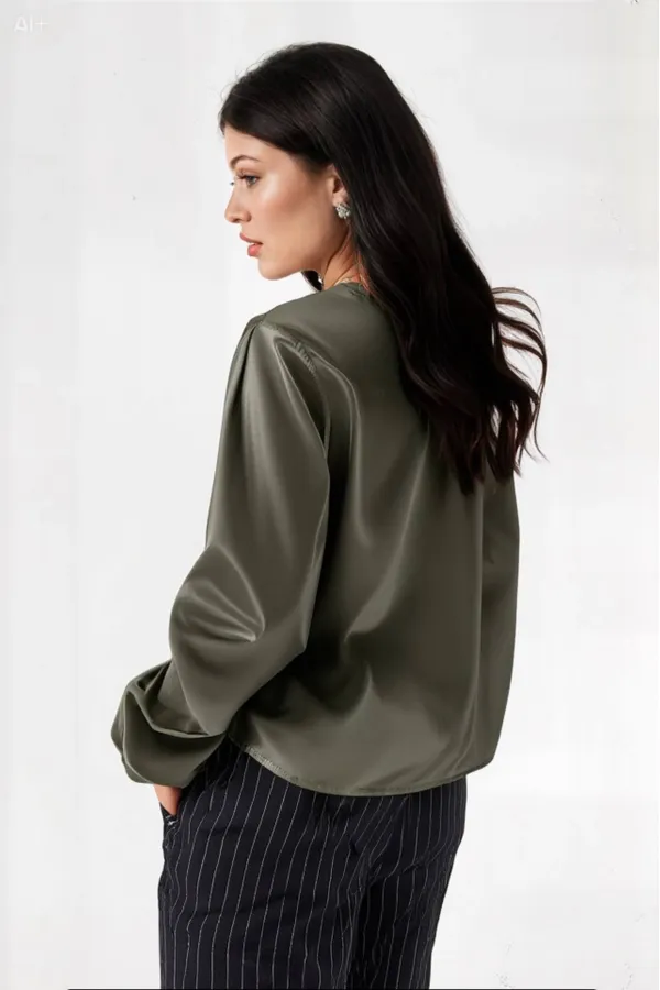 Kadın Haki Hafif Dökümlü Saten Yüzeyli Gömlek Hzl22w-bd139641