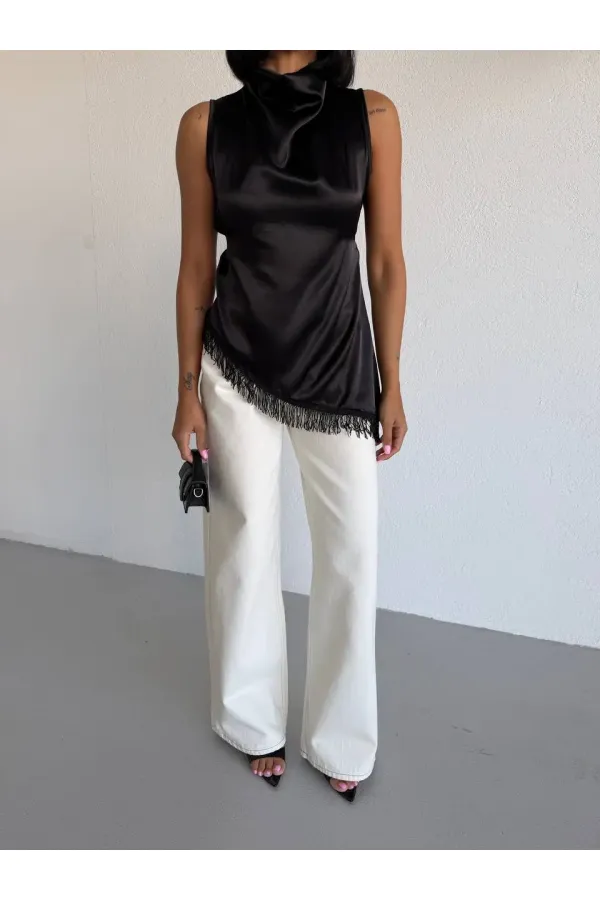 Women's Black Halter Neck Asymmetrical Cut Fringe Detail Satin Blouse HZL26S-FRY123911