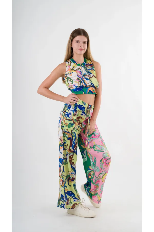 Kadın Yeşil Pembe Desenli Bluz Pantolon Takım HZL22S-YY298