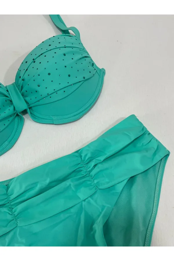 Women's Turquoise Stone Embroidered Lined Plus Size Bikini Set HZL25S-LC01