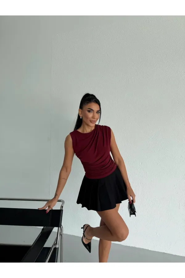 Kadın Bordo Büzgülü Kolsuz Sandy Bluz HZL26W-FRY122751