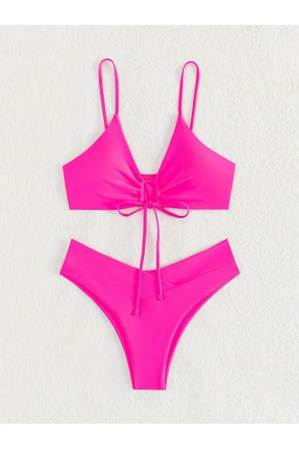 Kadın Neon Pembe İp Detaylı Astarlı V Kesim Üçgen Bikini Takım HZL24S-LC2234