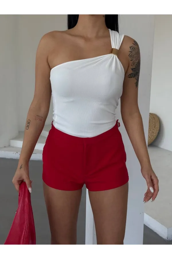 Women's White One Shoulder Gold Metal Detailed Blouse HZL25S-FRY123111