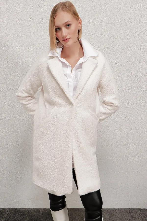 Kadın Kemik Tek Düğmeli Çift Cepli Astarlı Buklet Kaşe Kaban HZL22W-BD190821