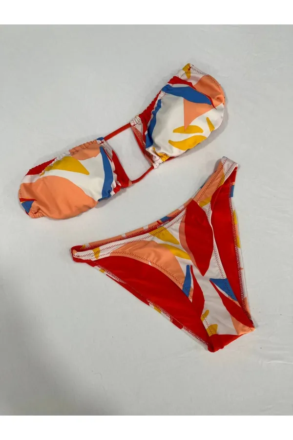 Ensemble bikini sans bretelles doublé à motifs tropicaux multicolores pour femme HZL25S-AR1666