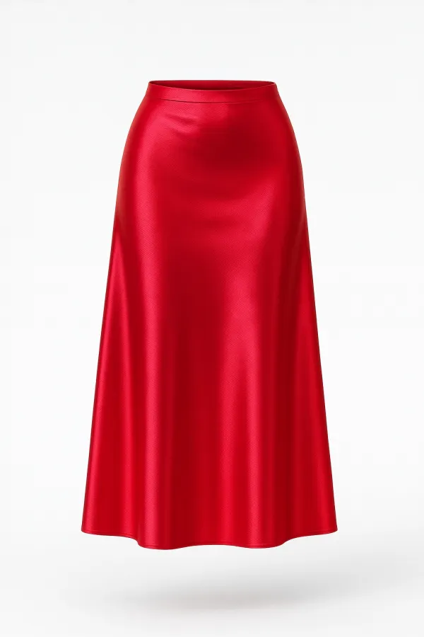 Kadın Kırmızı Saten Yüzeyli Beli Lastikli Midi Boy Etek Hzl23S-BD1101471