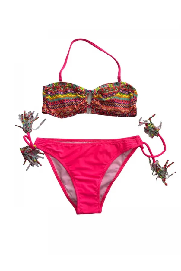 Kız Çocuk Fuşya Çok Renkli  İp Detaylı Astarlı 4-12 Yaş Üçgen Bikini Takım HZL24S-LC1904