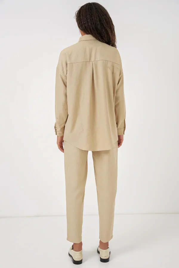 Ensemble beige oversize en lin pour femme, haut et bas, réf. 6622