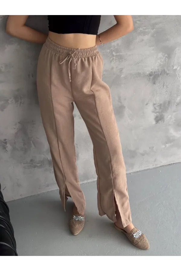 Kadın Bisküvi Lastikli Bel Yırtmaç Detaylı Cepsiz İthal Keten Astarsız Pantolon HZL24S-FRY121941
