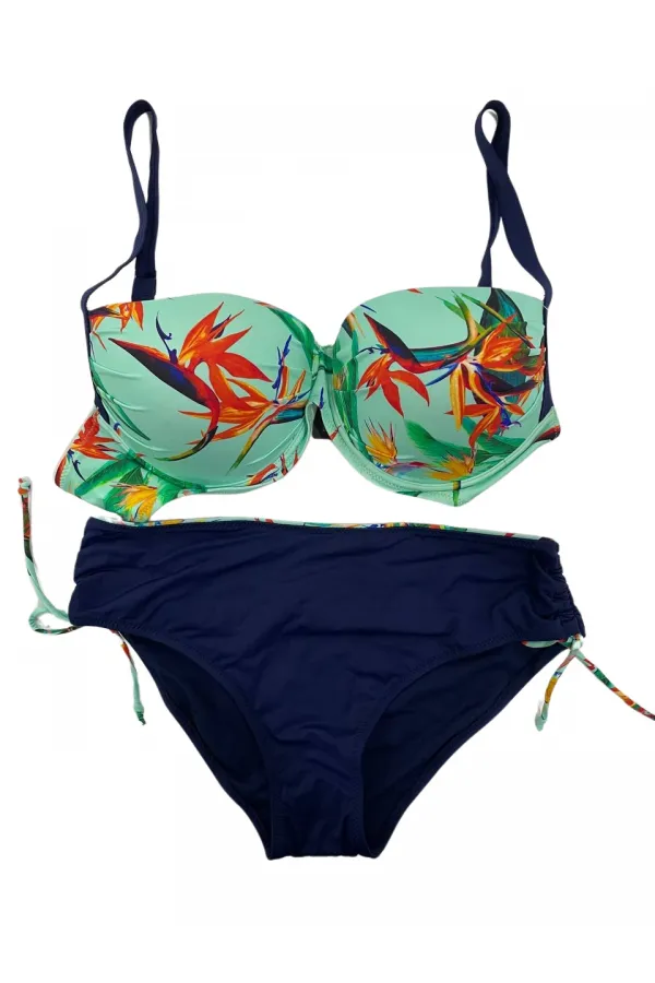 Kadın Turkuaz Lacivert Desenli Büyük Beden Astarlı Bikini Takım HZL25S-LC3327