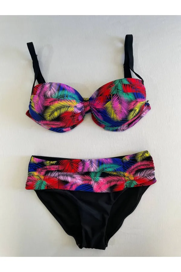 Kadın Siyah Sarı Kırmızı Çok Renk Desenli  Astarlı Büyük Beden Bikini Takımı HZL25S-LC06