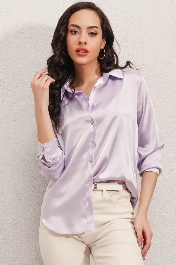 3964 Lightly Draped Satin Shirt - Light Lilac