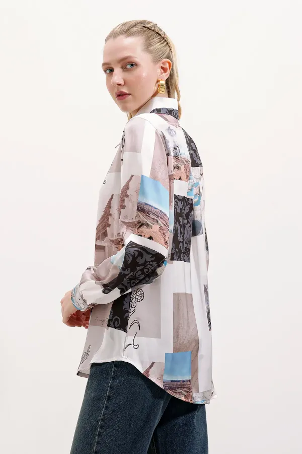 3964 Lightly Draped Satin Shirt - Light Beige