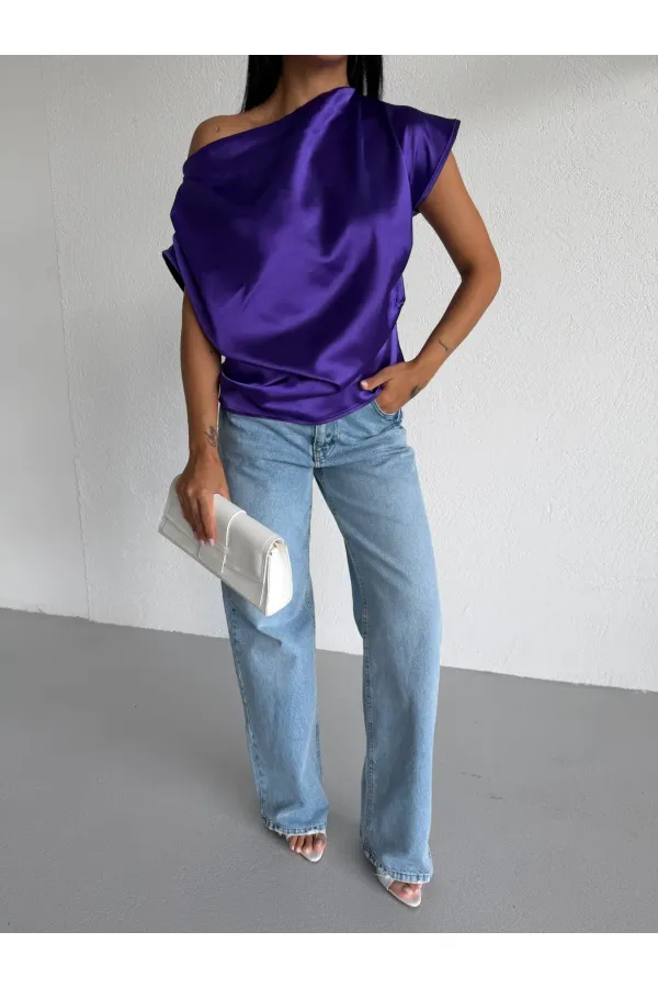 Kadın Mor Tek Omuz Asimetrik Kesim Saten Bluz HZL26W-FRY121171