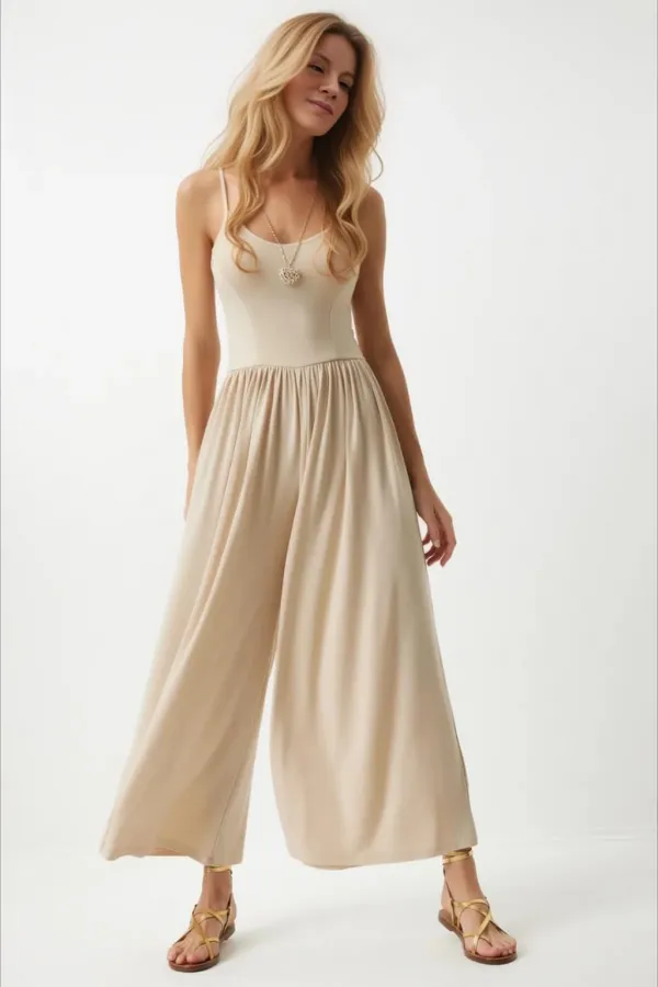 Kadın Krem Ayarlanabilir Askılı Beli Lastikli Bol Paça Yazlık Örme Tulum HZL24S-BD170291