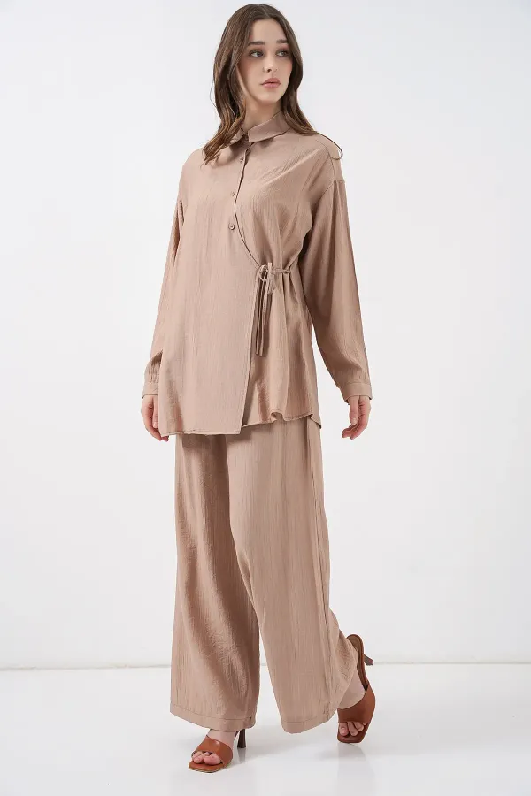 Ensemble deux pièces tunique et pantalon à lacets pour femme 6752 - Beige