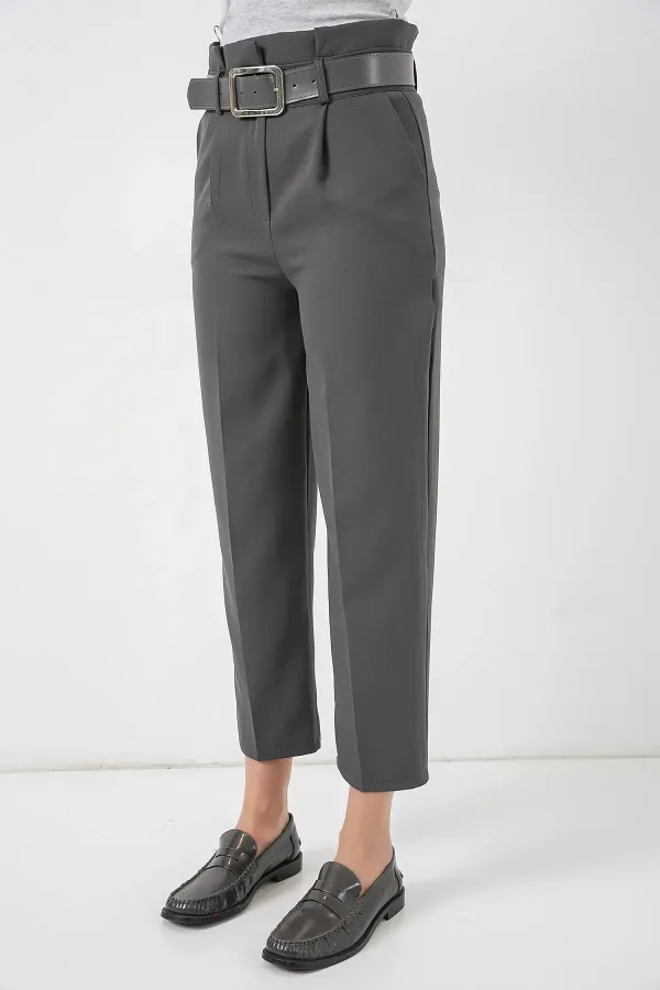 6556 Belted Fabric Trousers - Anthracite