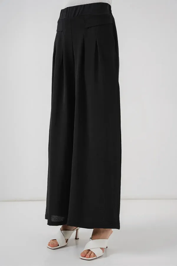 Pantalon plissé à jambes larges pour femme 6718 - Noir