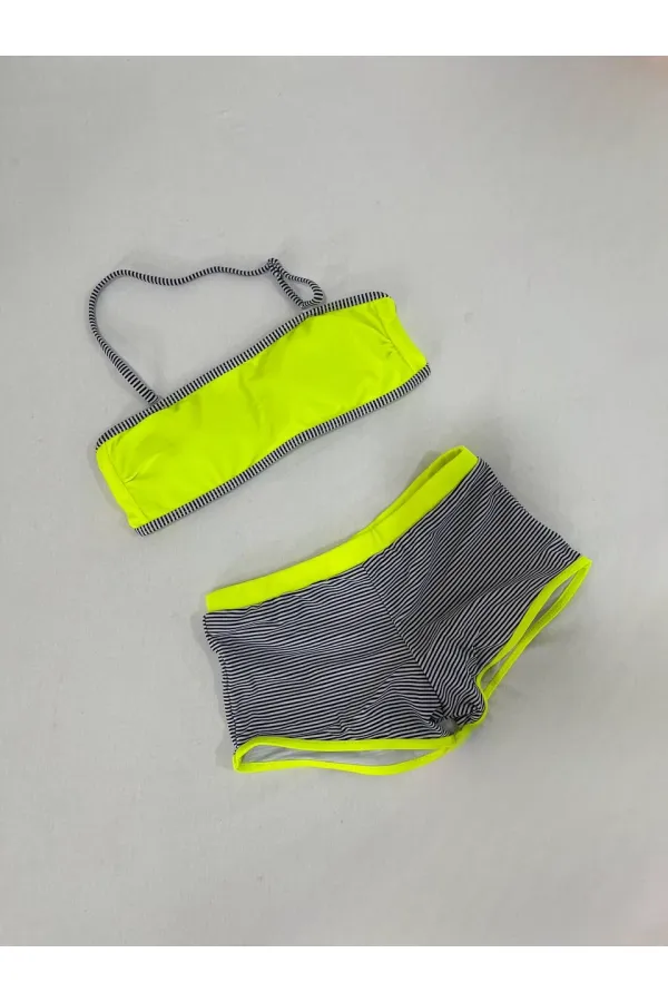 Ensemble bikini sans bretelles pour fille, short rayé jaune fluo et noir, 4-12 ans, HZL24S-LC9034
