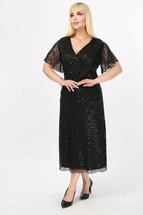 Kadın Siyah Büyük Beden Kruvaze Yaka Payetli Abiye Elbise HZL26S-PR11171