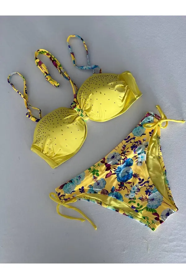 Kadın Sarı Taş İşlemeli Astarlı Bikini Takım HZL25S-LC208
